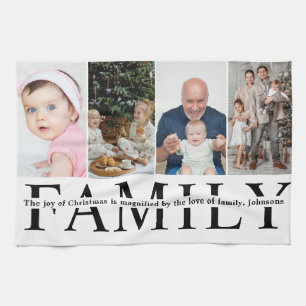 Modern 4 Photo Collage Family christmas quote Tea Towel