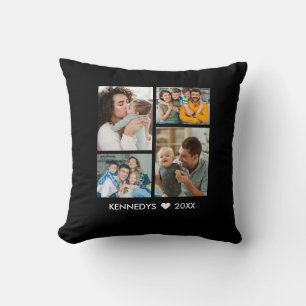 Modern 4 Photo Collage Family Name Keepsake Black Cushion