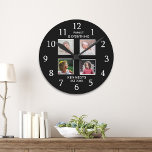 Modern 4 Photo Collage Family Name Quote Black Round Clock<br><div class="desc">Create your own photo collage wall clock with 4 of your favourite pictures. The photo clock helps you treasure your special moments and also makes a thoughtful gift for parents, grandparents and friends. The personalised wall clock with photos makes it a perfect gift for all occasions. Personalise with family name...</div>