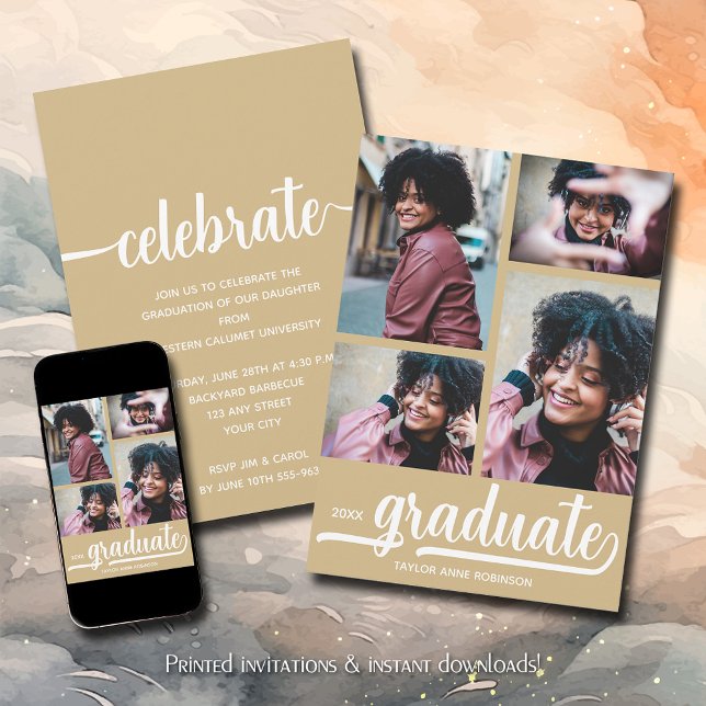 Modern 4 Photo Collage Gold Graduation Invitation (Modern 4 photo collage gold graduation party invitations)
