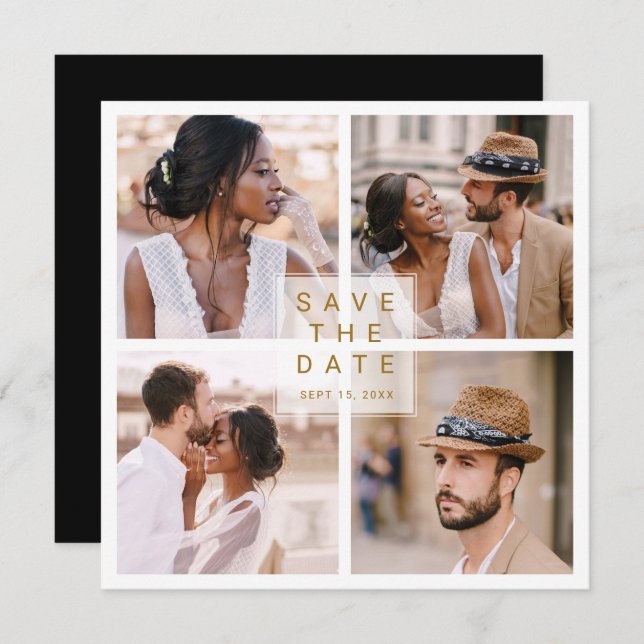 Modern 4 Photo Collage Gold Wedding Square Save The Date (Front/Back)
