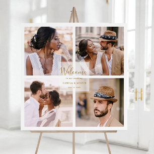 Modern 4 Photo Collage Gold Wedding Welcome Square Poster