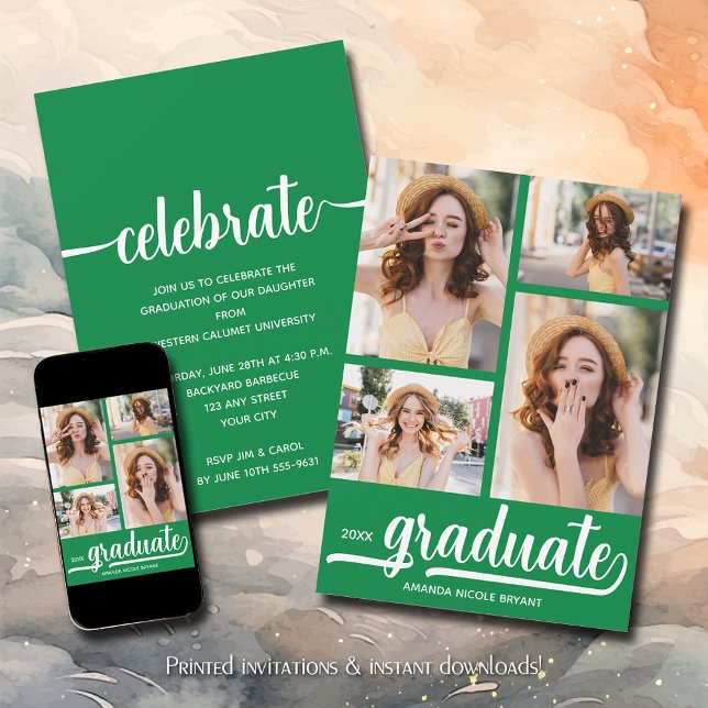 Modern 4 Photo Collage Green Graduation Invitation (Modern 4 photo collage green graduation party invitations)