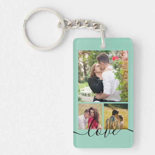 Modern 4 Photo Collage Love Script Keepsake Key Ring (Front)