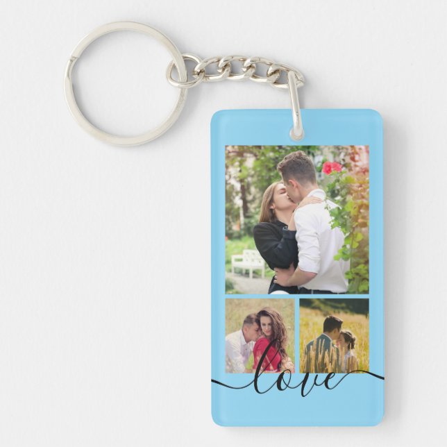 Modern 4 Photo Collage Love Script Keepsake Key Ring (Front)
