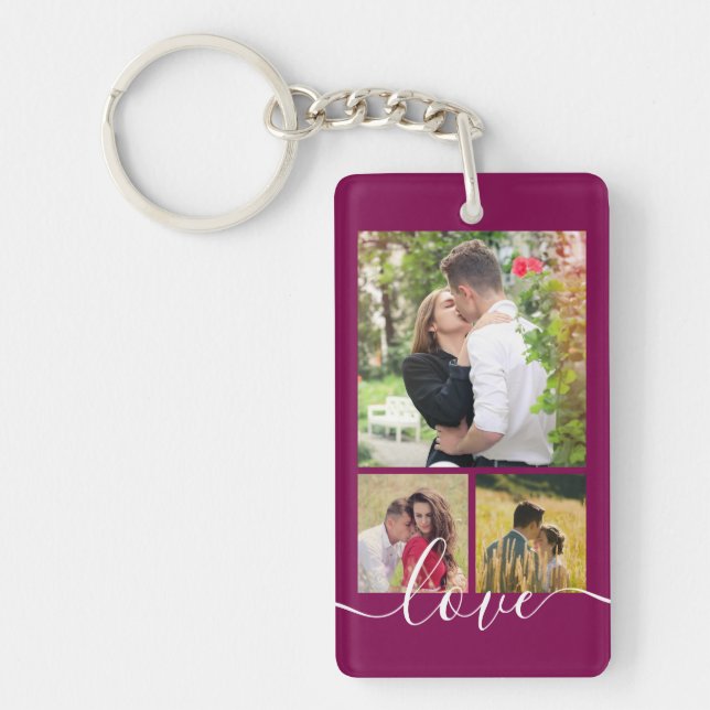 Modern 4 Photo Collage Love Script Keepsake Key Ring (Front)
