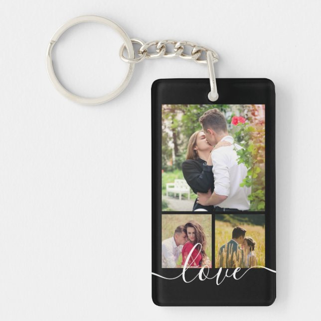 Modern 4 Photo Collage Love Script Keepsake Key Ring (Front)