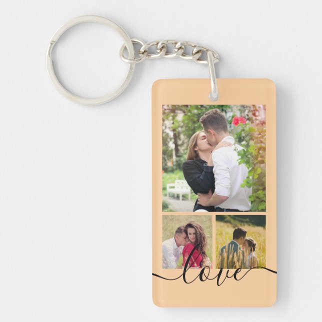 Modern 4 Photo Collage Love Script Keepsake Key Ring (Front)