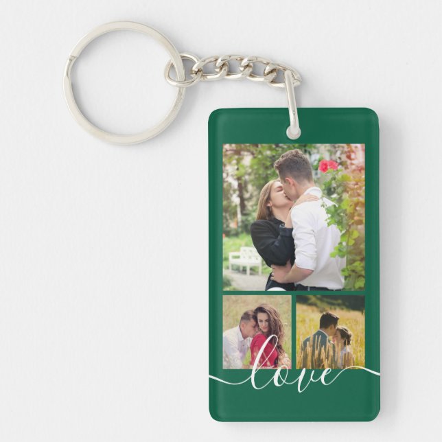 Modern 4 Photo Collage Love Script Keepsake Key Ring (Front)