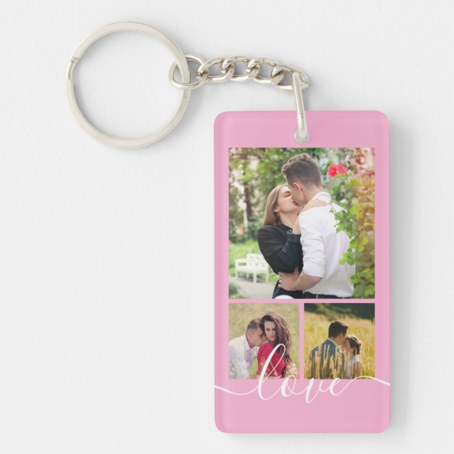 Modern 4 Photo Collage Love Script Keepsake Key Ring (Front)