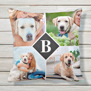 Modern 4 Photo Collage Monogram Pet Dog Lover Cushion