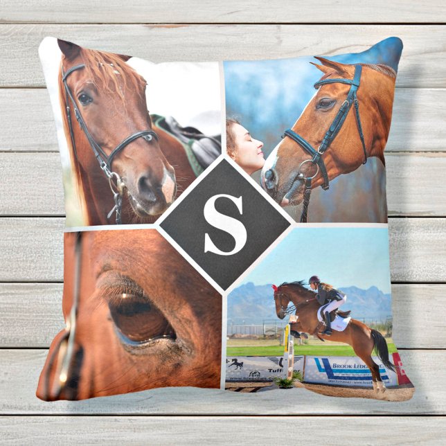 Modern 4 Photo Collage Monogram Pet Horse Lover Cushion (Creator Uploaded)