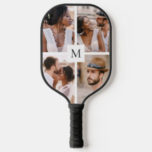 Modern 4 Photo Collage Monogram Pickleball Paddle