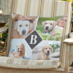 Modern 4 Photo Collage Personalised Monogram Dog Cushion