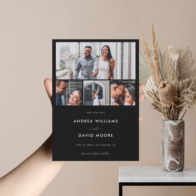 Modern 4 Photo Collage QR Code Black Wedding Save The Date (Creator Uploaded)