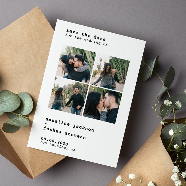 Modern 4 photo collage simple typography wedding save the date (Creator Uploaded)