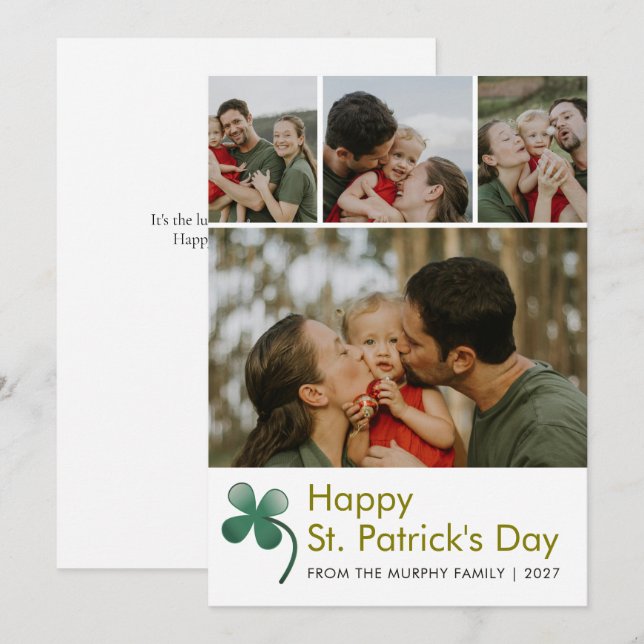 Modern 4 Photo Collage St Patricks Day Family Holiday Card (Front/Back)