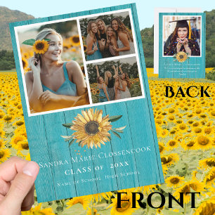 Modern 4 Photo Collage Sunflower graduation Announcement