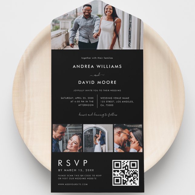Modern 4 Photo Collage Typography Black Wedding All In One Invitation (Creator Uploaded)