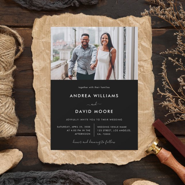 Modern 4 Photo Collage Typography Black Wedding Invitation (Creator Uploaded)
