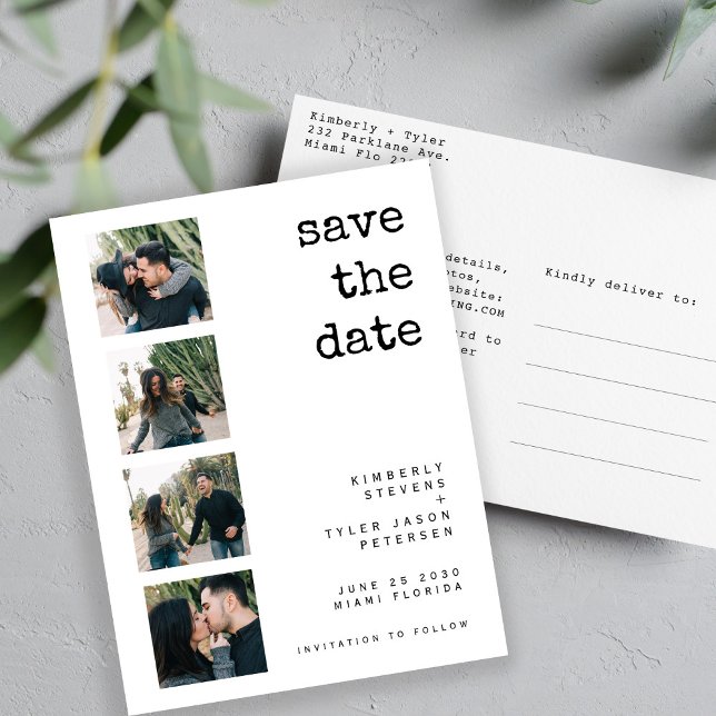 Modern 4 photo collage wedding save the date announcement postcard (Creator Uploaded)