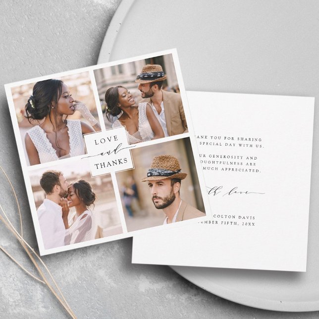 Modern 4 Photo Collage Wedding Square Thank You Card (Front & Back)