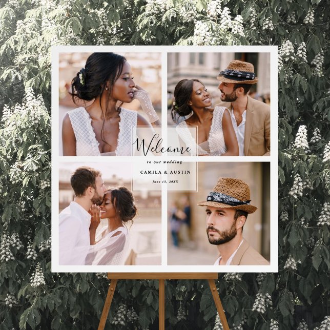 Modern 4 Photo Collage Wedding Welcome Square Sign (Creator Uploaded)