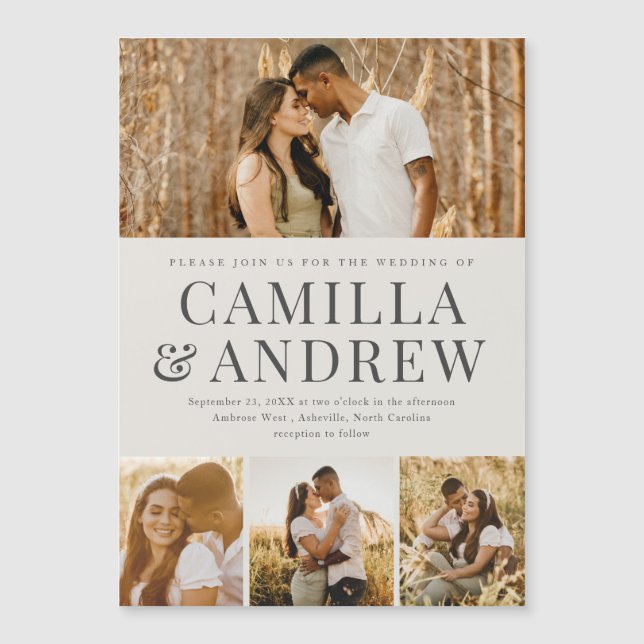  Modern 4 Photo Elegant Wedding Magnetic Invitation (Front)