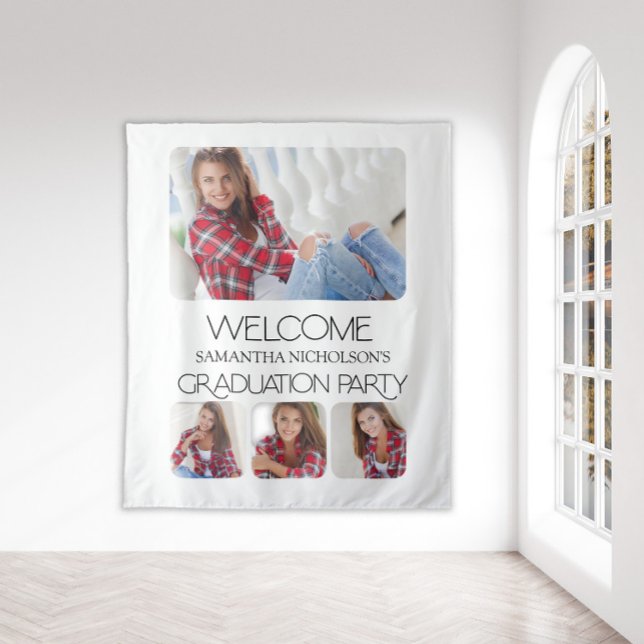 Modern 4 Photo Graduation Party Welcome Tapestry (Modern, white 4-photo graduation "Welcome" sign/tapestry)