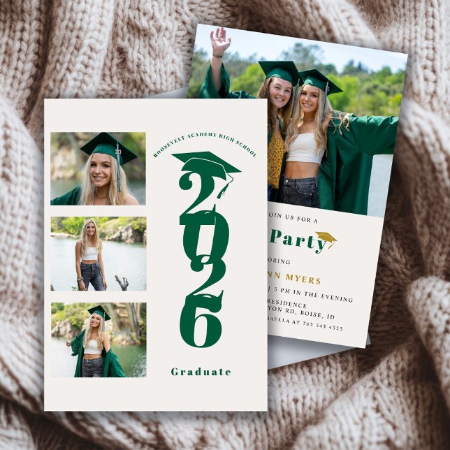 Modern 4 Photo Green Class of '26 Graduation Party Invitation (Creator Uploaded)