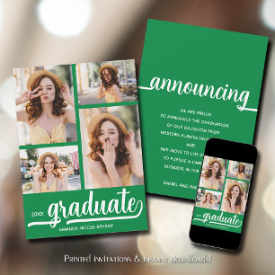 Modern 4 Photo Green Graduation Announcement