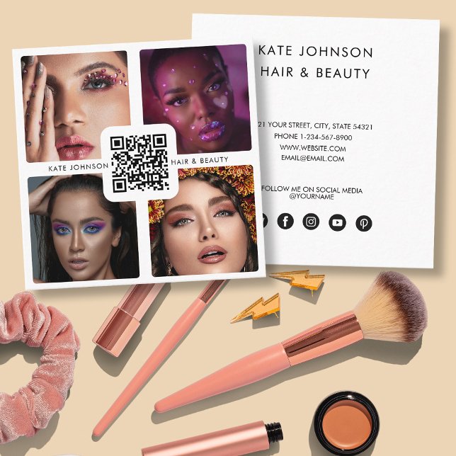 Modern 4 Photo Hair Stylist Makeup Artist QR Code Square Business Card (Modern 4 Photo Hair Stylist Makeup Artist QR Code Square Business Card)
