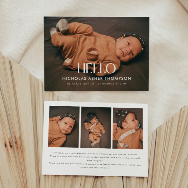 Modern 4-Photo "Hello" New Baby Birth Announcement (Creator Uploaded)