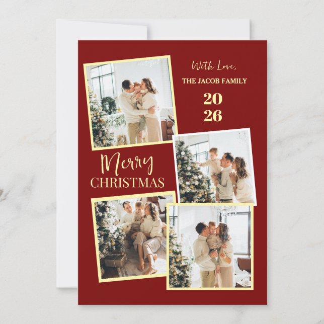Modern 4 Photo Polaroid Grid Merry Christmas Holiday Card (Front)