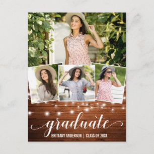 Modern 4 Photo Wood Lights Graduation Announcement