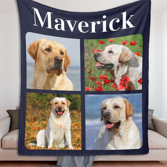 Modern 4 Photos Collage Personalised Pet Dog Fleece Blanket (Creator Uploaded)