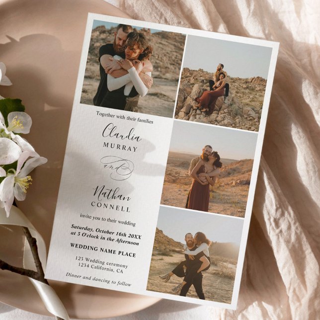 Modern 4 Photos elegant script wedding black white Invitation (Creator Uploaded)