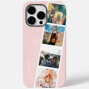 Modern 4 photos grid collage name on blush pink Case-Mate iPhone 14 pro max case