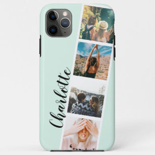 Modern 4 photos grid collage name on teal mint Case-Mate iPhone case