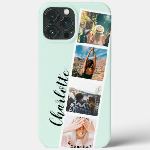 Modern 4 photos grid collage name on teal mint iPhone 13 pro max case