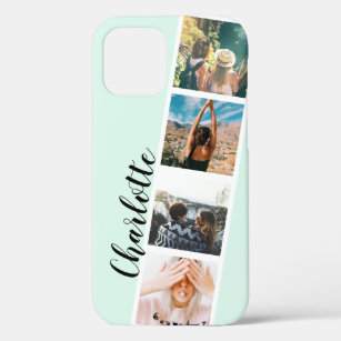 Modern 4 photos grid collage name on teal mint iPhone 12 case