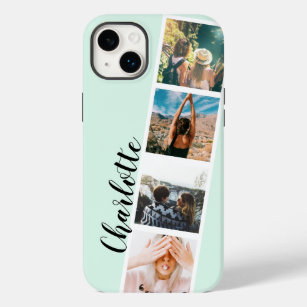 Modern 4 photos grid collage name on teal mint Case-Mate iPhone 14 plus case
