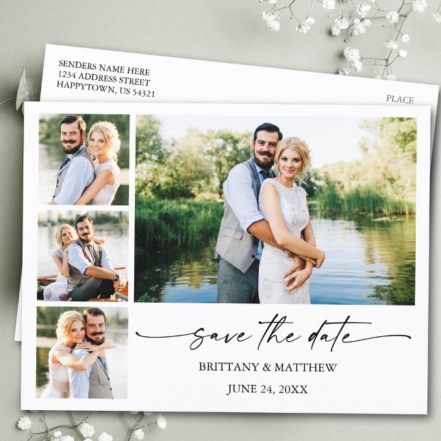 Modern 4 Photos Ink Pen Script Save The Date Postcard (Customize to change your personalized text size or text style.)