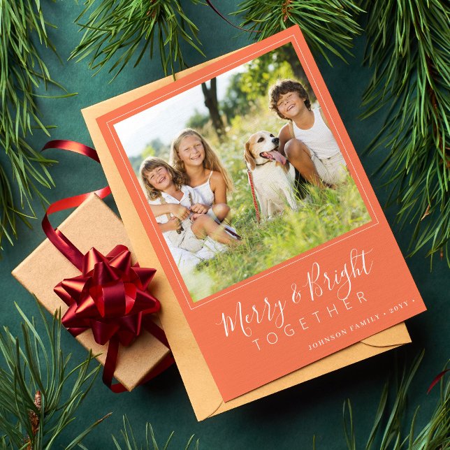 Modern 4 photos Merry and Bright apricot Christmas Holiday Card (Creator Uploaded)