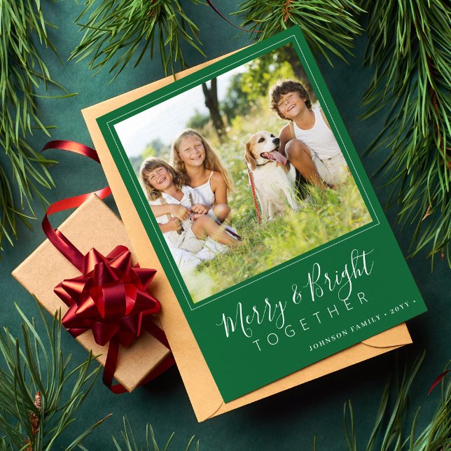 Modern 4 photos Merry and Bright green Christmas Holiday Card (Creator Uploaded)