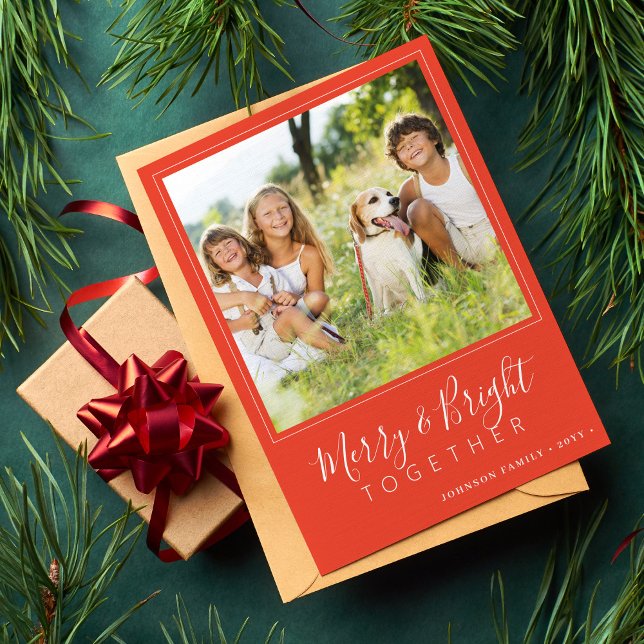 Modern 4 photos Merry and Bright orange Christmas Holiday Card (Creator Uploaded)