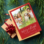 Modern 4 photos Merry and Bright  red Christmas Holiday Card<br><div class="desc">Simple elegant minimal red and white 4 custom family photos "Merry and Bright together" script Christmas holiday card template.                       Easy to personalise with your pictures,  text,  family name,  and your wishes on both sides!</div>