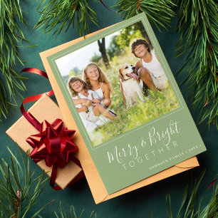 Modern 4 photos Merry and Bright sage Christmas Holiday Card