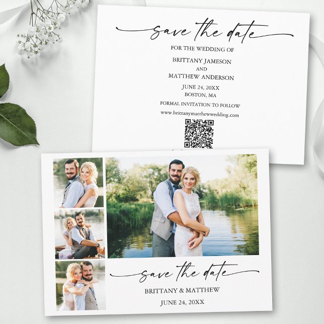 Modern 4 Photos Minimalist Ink Pen Script QR Code Save The Date (Add your wedding website or social media web address to the QR Scan Code.)