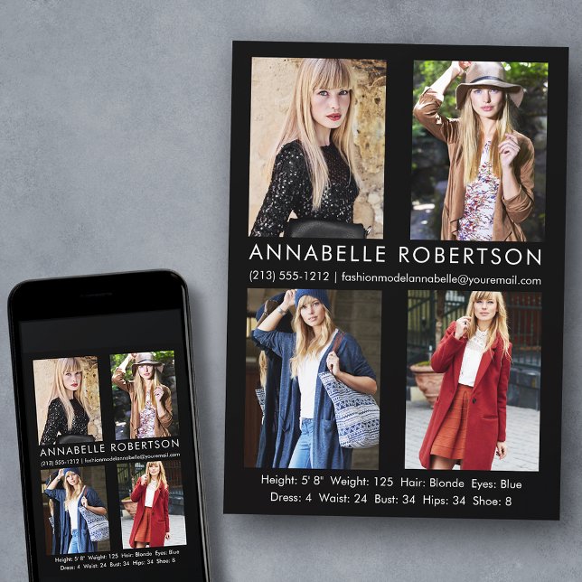 Modern 4 Photos Model Actor Comp Card (Customize to change background color, text size, style or to add more photos to back of card.)